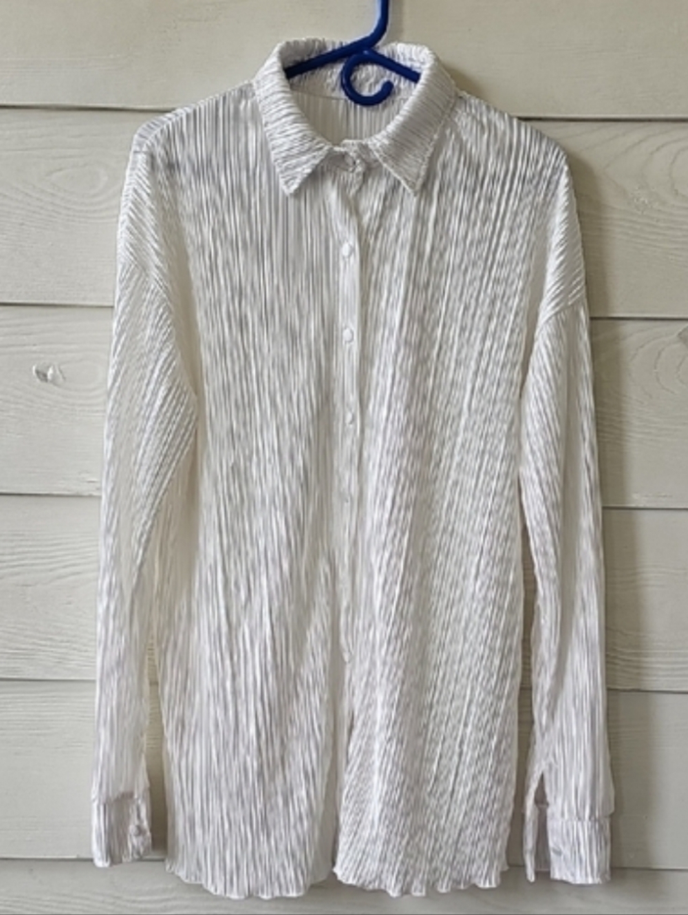 Plissè Crinkle Textured Button Down Shirt White Long Sleeve Oversized Blouse Siz